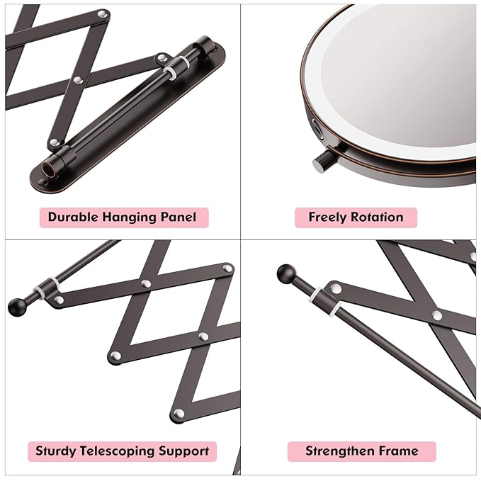 Rechargeable Wall Mounted Makeup Mirror - 8 Inch Double Sided 1X/10X Magnifying Mirror with 3 Color Lights Dimmable Touch Screen, 360°Swivel 19.6 Inch Extendable Accordion Bathroom Mirror