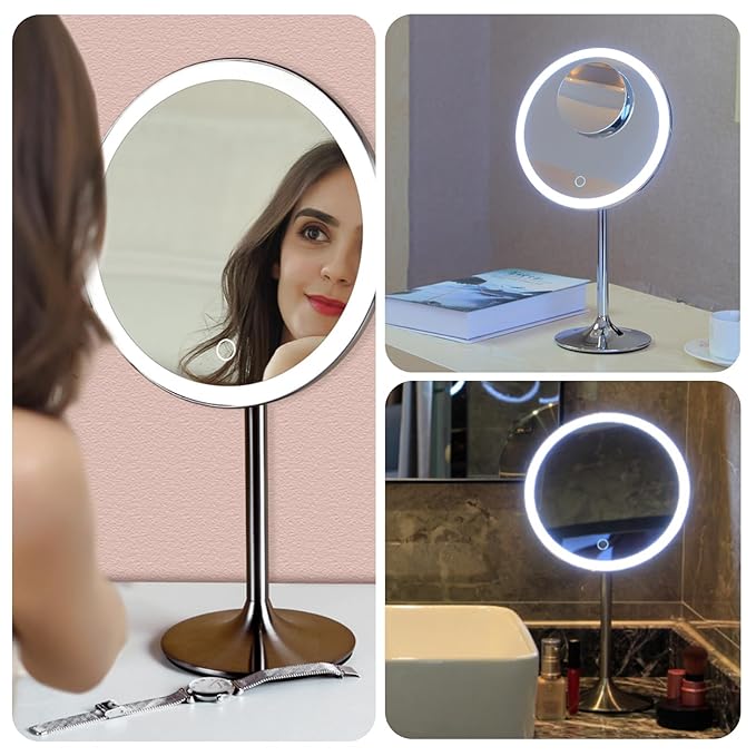 Miusco Makeup Mirror 9" Vanity Mirror with Lights, 5X & 10X Magnification - Front/Back Magnetic Design, Rechargeable & Cordless, Touch Dimming, 90° Adjustable Angle, Metal Frame, Includes USB Cable