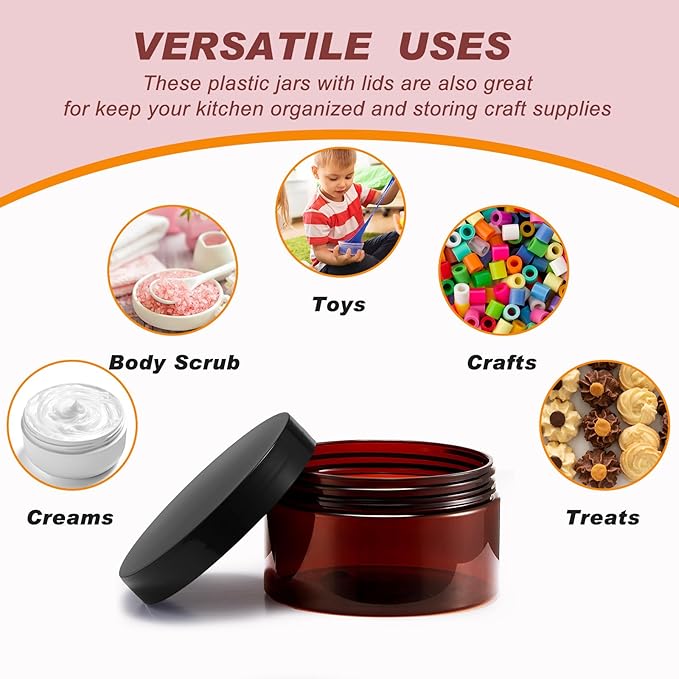 Dandat 24 Pcs 4 oz Plastic Jar Container with Lid and Label Refillable Empty Round Amber PET Cosmetic Sample Containers for Lotion, Cream, Ointments, Body Butter, Makeup, Travel Storage