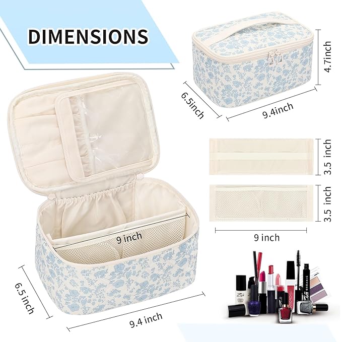 OCHEAL Makeup Bag Portable Cosmetic Bag For Women, Large Capacity Travel Makeup Case Organizer, Toiletry Bag for Girls Traveling With Handle and Divider-Flowers