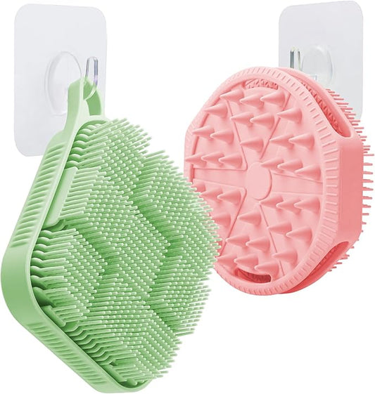 Silicone Shower Scrubber Women Men 2 Pcs Exfoliating Body Scrubber Exfoliator Scalp Non-Slip Hollow Hand Glove Loofah Alternative Deep Clean Wash Dual-Sided Durable Scrub Bath Essentials Pink Green