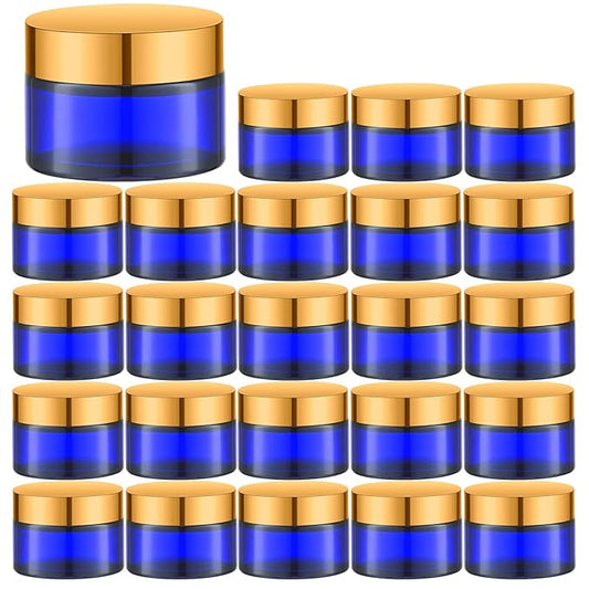 1 Oz Blue Round Glass Jars with Inner Liners and Gold Lids(24PCS) Empty Cream Containers Refillable Cosmetic Vials for Cosmetics, Lotions, Ointment, Body Scrubs & Balms