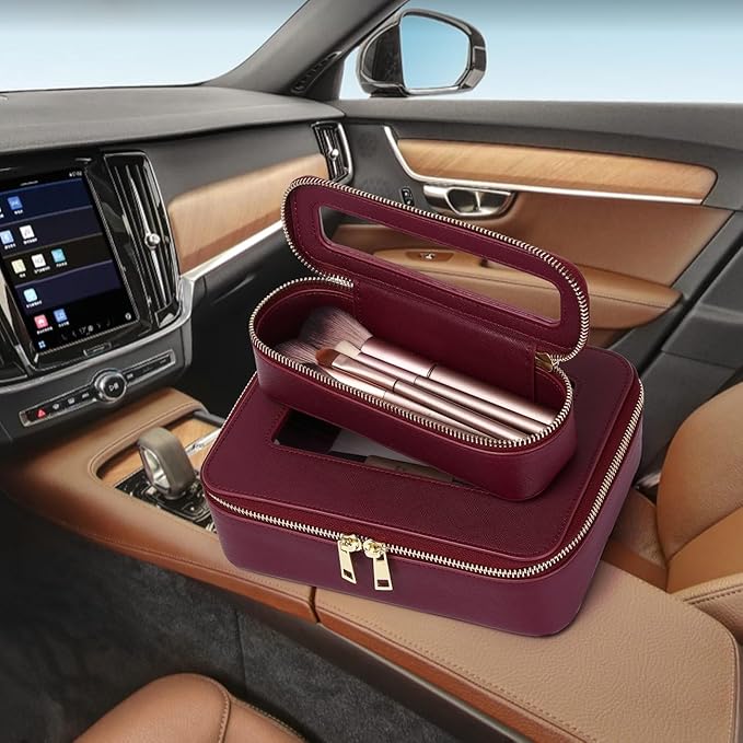 Pinkmik Travel Clear Makeup Bag with Brush Bag Portable Cosmetic Bag Case Transparent Toiletry Bag Cosmetic Organizer Storage Bag for Women (X/Burgundy, L+SLIM)