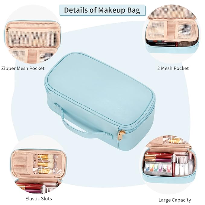 OCHEAL Small Makeup Bag,Portable Cute Travel Makeup Bag Pouch for Women Girls Makeup Brush Organizer Cosmetics Bags with Compartment-Blue