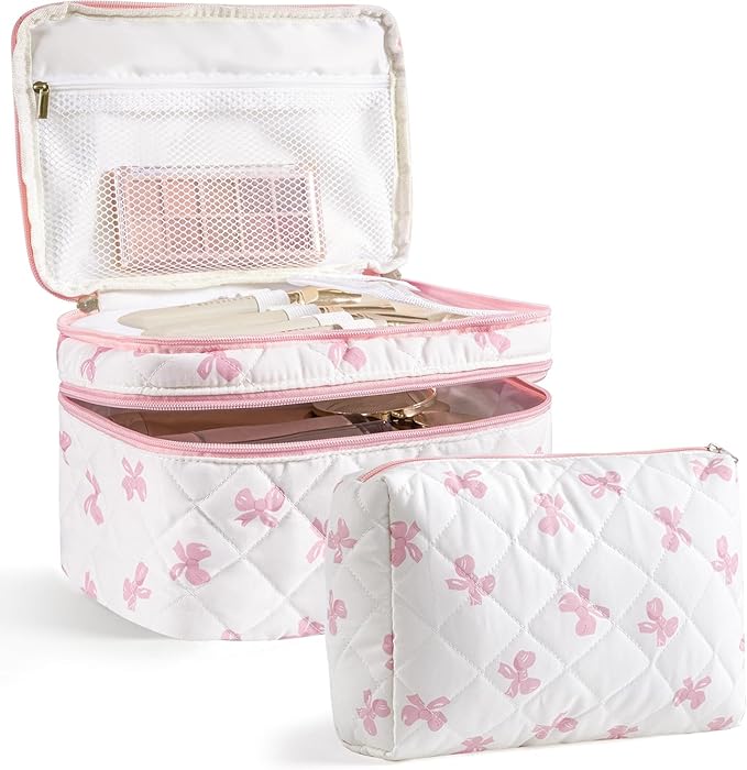 HBselect 2Pcs Travel Makeup Bag, Large Cotton Quilted Makeup Bag Cosmetic Bag Cute Make up Bag Toiletry Bags for Women Girls