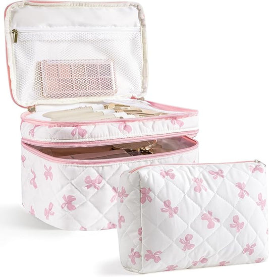 HBselect 2Pcs Travel Makeup Bag, Large Cotton Quilted Makeup Bag Cosmetic Bag Cute Make up Bag Toiletry Bags for Women Girls