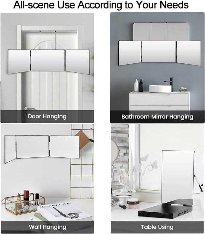 Vanexiss Rechargeable 3 Way Mirror for Hair Cutting, Real Glass Adjustable Trifold Mirror with 3 Color Temps LED Light & Telescoping Hooks for Makeup, Shaving & Styling