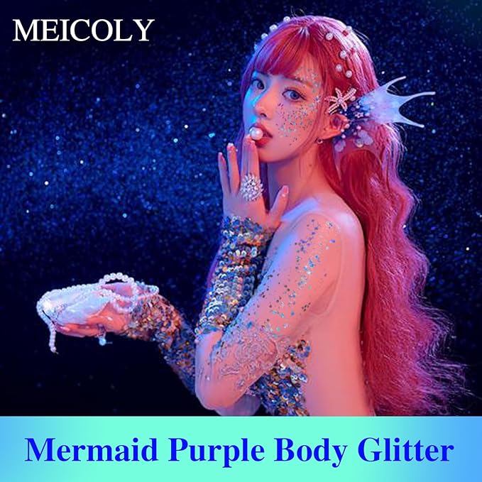 MEICOLY Light Purple Body Glitter,Chameleon Purple Mermaid Face Glitter,Mardi Gras Outfit for Women,Rave Glitter Makeup,Glitter Face Paint,Hair Chunky Glitter,Sparkling Glitter Gel for Women,50ml
