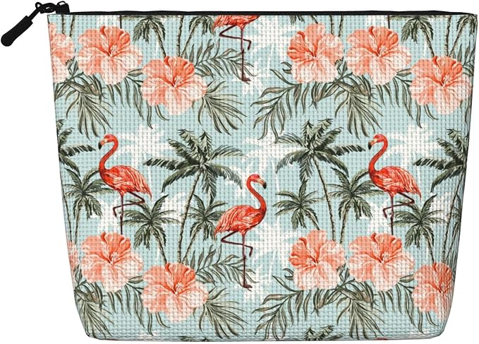 MOLAIGIN Hawaiian Flamingo Palm Trees Cosmetic Bag For Women, Travel Makeup Bag, Toiletry Zipper Bag, Large Capacity Aesthetic Cases