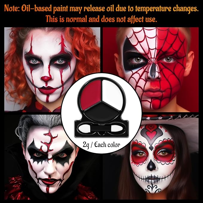 Black White Red Face Body Paint with Applicator, Oil Based Face Painting Kit for Halloween Clown, Vampire, Devil Makeup, Cosplay, Costume, Dress Up, SFX Special Effect, Theme Parties