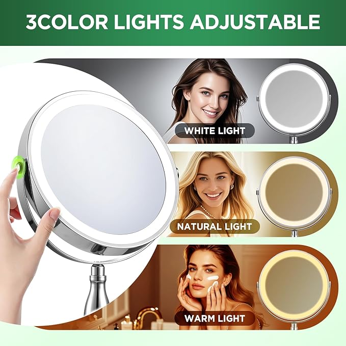 30x Magnifying Mirror, Lighted Makeup Mirror with 3 Colors Modes & Adjustable Brightness, 360° Rotation Double Side, Large Magnifying Vanity Mirror, Gifts for Women