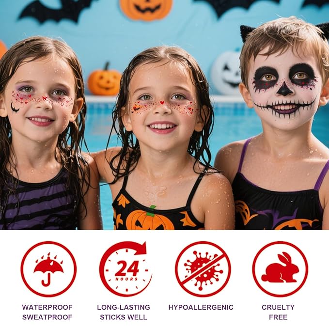 10PCS Halloween Glitter Freckles Face Tattoo, Sparkle Freckles for Women and Kids, Cute Star Waterproof Gold Temporary Face Tattoos Glitter Glow Up Patches (10PCS Red)