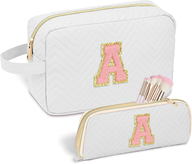 Personalized Initial Makeup Bag Trendy Stuff Leather Waterproof Cosmetic Bag Travel Toiletry Bag, Makeup Organizer Case Mother's Day/Birthday/Graduation Gifts for Women Girls Mom Girlfriend White.