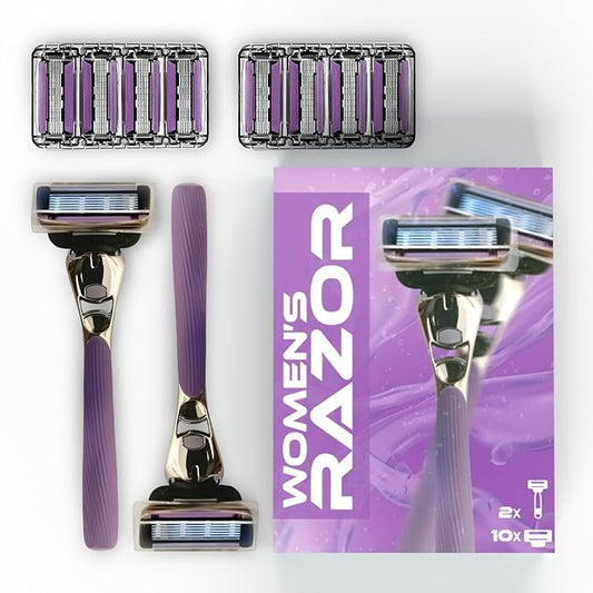 Women’s Razor with 2 Handles & 10 Razor Refills – 7 Blade Reusable for Smooth Shave – Sensitive Skin Safe – Facial & Body for Women