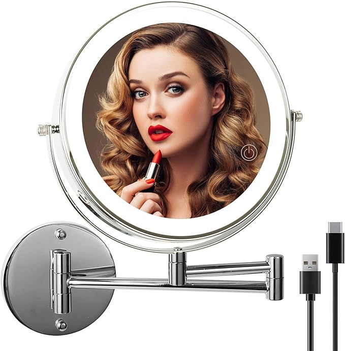 8" Wall Mounted Lighted Makeup Mirror with Magnification, 1X/10X Magnifying Mirror with Light, 3 Color Lights, Extendable Double Sided 360° Swivel Bathroom Mirror Type-C Rechargeable (Silver)