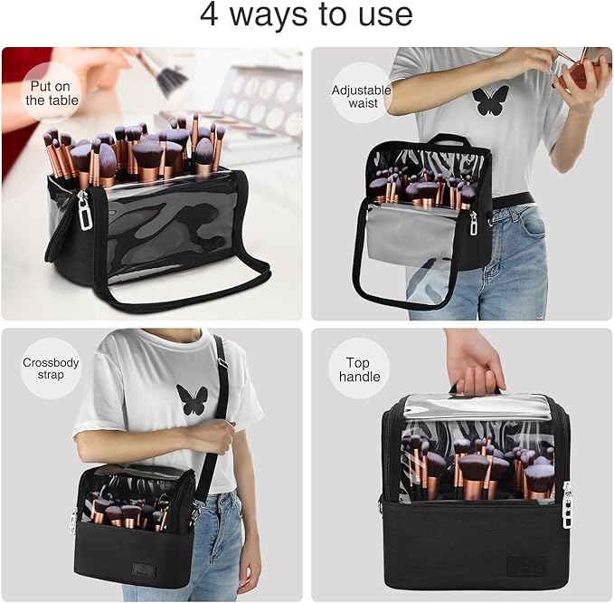 Makeup Brush Case Stand-up Makeup Cup Travel Professional Cosmetic Bag Artist Storage Bag Large Makeup Brush Bag with Adjustable Divider (Large, Black)