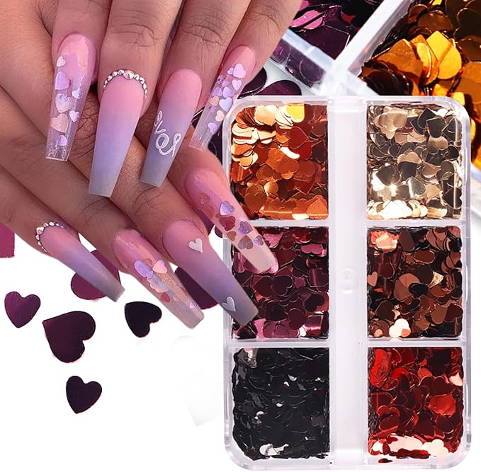 3D Heart Nail Art Glitter Sequins Laser Holographic Nail Glitter Flakes Sparkly Valentine's Nail Supplies Colorful Hearts Nail Sequins Accessories for Women Acrylic Nail Decoration Tips 6Grids