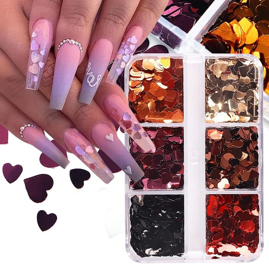 3D Heart Nail Art Glitter Sequins Laser Holographic Nail Glitter Flakes Sparkly Valentine's Nail Supplies Colorful Hearts Nail Sequins Accessories for Women Acrylic Nail Decoration Tips 6Grids
