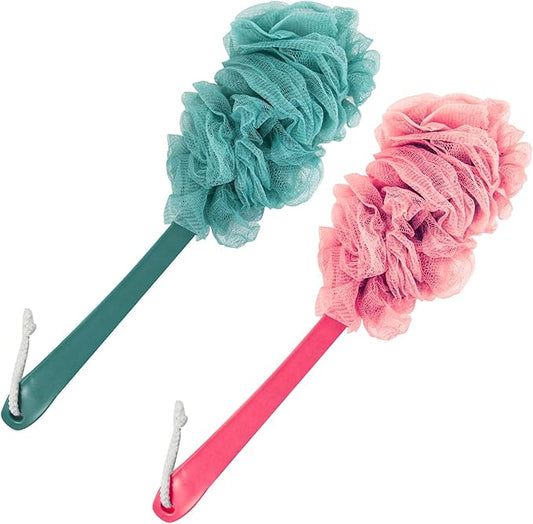 2Pack Back Scrubber for Shower, Loofah Sponge Brush Exfoliating Body, Long Handle Scrub Brush for Shower with Loofah on a Stick for Back Use, Bathing Accessories Body Brushes (2Pack)