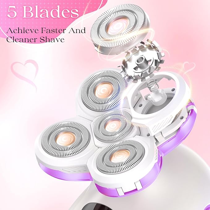 Electric Razors for Women, Rechargeable Rotary Painless Shaver for Legs Bikini Facial Hair Removal, Body Wet/Dry Razor Water Resistant Grooming Kit, Cordless Womens Trimmer for Lady Grooming (Purple)