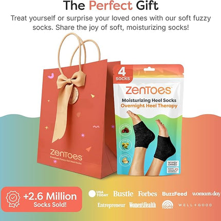 ZenToes Moisturizing Socks for Cracked Heel Treatment, Vitamin E, Olive Oil and Jojoba Oil Infused Heel Socks, Galentines Day Gifts, Self Care Gifts for Women (Fuzzy Black, Wide Width)