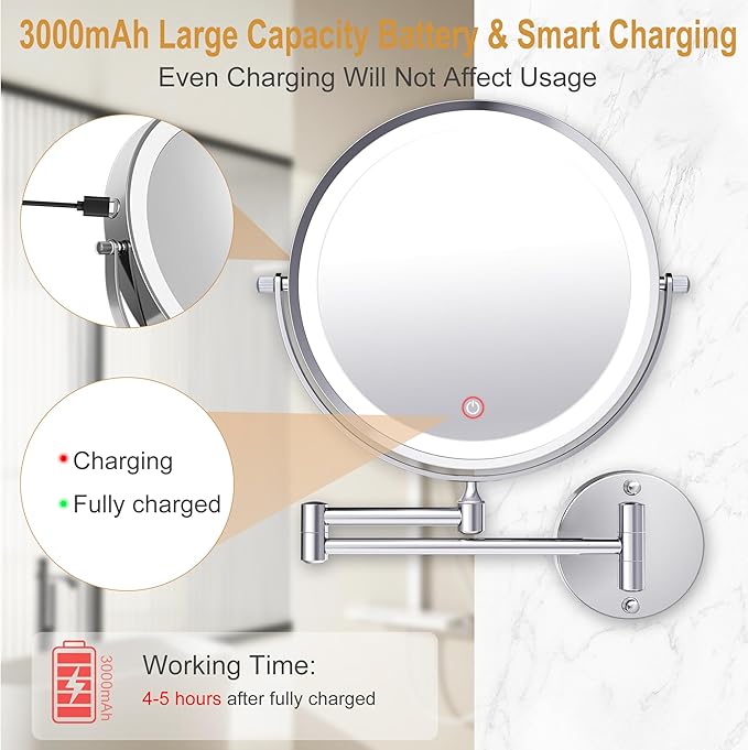 9 Inch Large Rechargeable Lighted Makeup Vanity Mirror Wall Mounted, 1X/10X Magnifying Mirror with Light for Bathroom 3000mAh USB Charging, Chrome Wall Mounted Mirror Swing Arm with 3 Light for Makeup