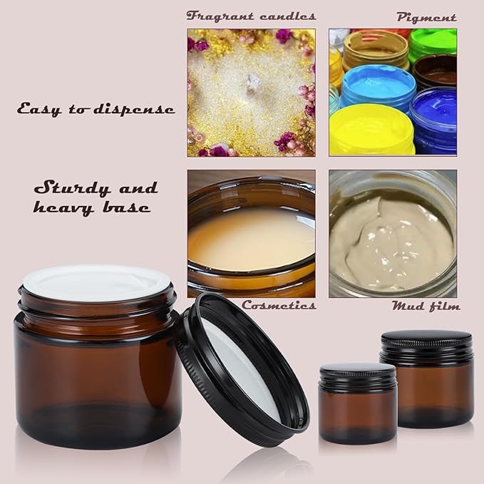 2oz Amber Glass Jars with Lids - 12 Pack Cosmetic Containers for Travel, Lotion, Cream