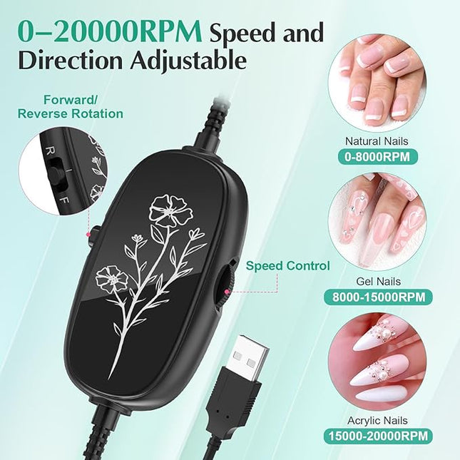 JIASHENG USB Electric Nail Drill, Portable Electric Nail File for Acrylic Gel Nails, Professional Drill Nail Kit Manicure and Pedicure Kit with Drill Bits for Home and Salon Use, Green