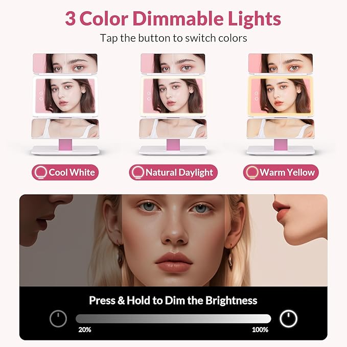 EASEHOLD Foldable Tri-Fold Lighted Makeup Vanity Mirror with 60 LED Lights, 1X/2X/3X Magnification, Touch Control Dimming, 3000mah Rechargeable, 360° Rotation, Portable Travel Folding Compact Mirror