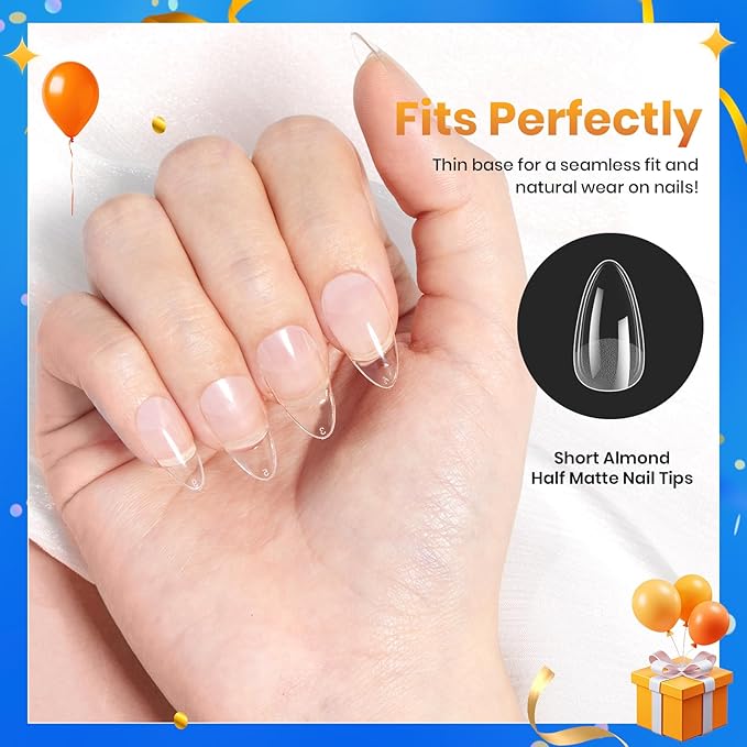 Beetles Short Almond Nail Tips: 12 Sizes 288 PCS Half Matte Full Cover Gel Tips Clear Acrylic Gel Nail Tips Almond Shape for DIY Extension