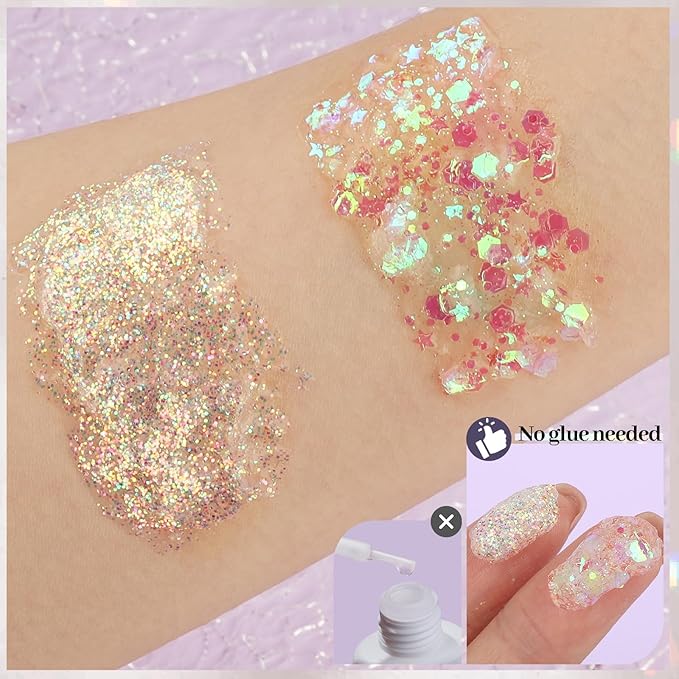 FANDAMEI Body and Face Glitter Set - 2PCS White, 1PCS Chunky, 1PCS Fine Gel - for Makeup, Hair, Mermaid, Halloween Festival Rave