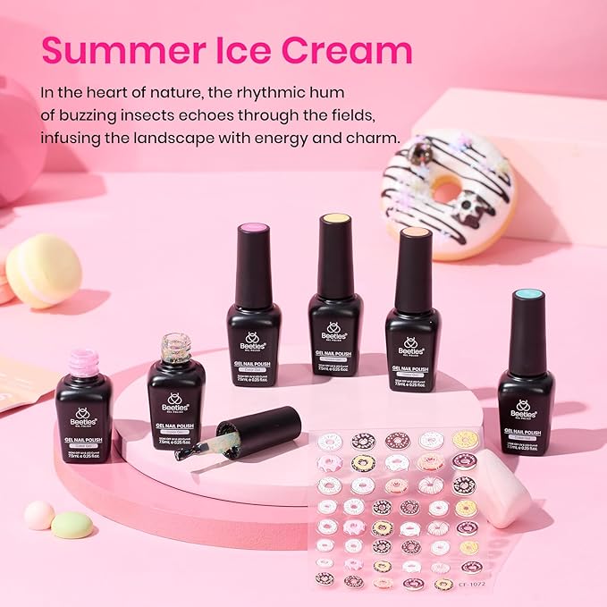 Beetles Gel Nail Polish Set, Orange Yellow Pink Turquoise Green Glitter Soak Off UV LED Gel Polish Summer Ice Cream Theme for DIY & Professional Manicure