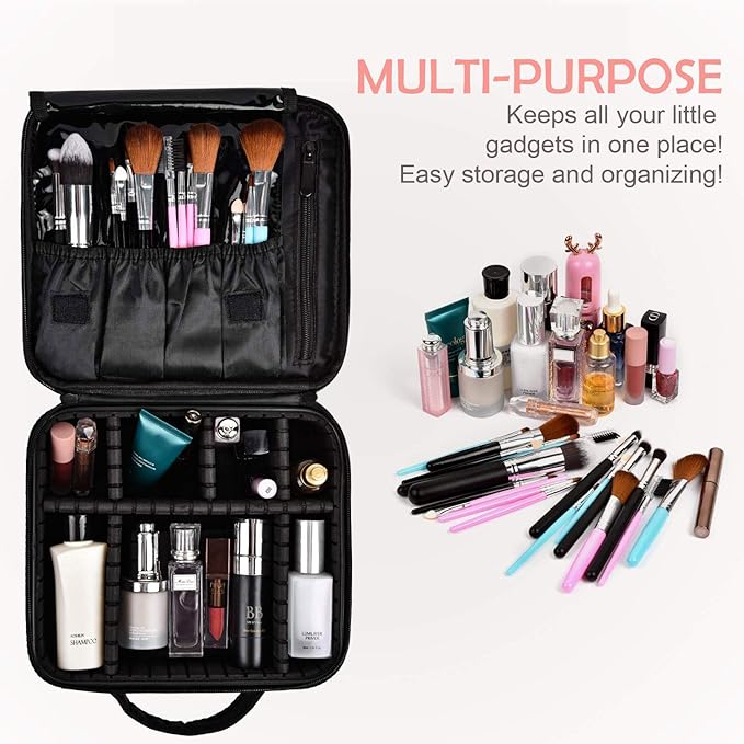 Travel Makeup Case, Cosmetic Train Case Organizer Portable Artist Storage Makeup Bag with Adjustable Dividers for Cosmetics Makeup Brushes Toiletry Jewelry Digital Accessories - Black