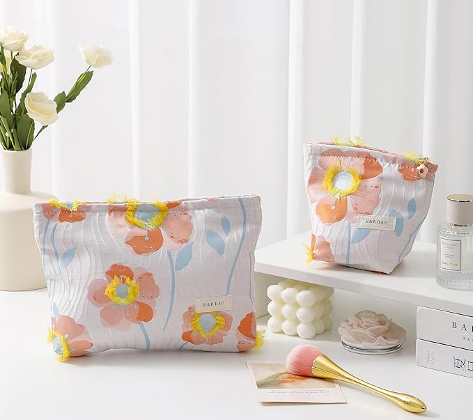 2 Pcs Makeup Bags, Large Cosmetic Bag Travel Toiletry Bag Organizer for Women, Embroidery Craft, Floral Makeup Bag Small Cosmetic Pouch Purse with Zipper Gifts for Girls Teen
