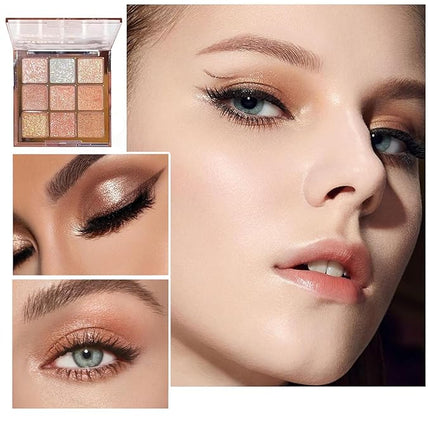 K'APEINE Shimmer Eyeshaow Palette, 9 Colors Brown Glitter Eyeshadow Nude Eye Shadow Sparkle Makeup Kit Long Lasting Waterproof Natural Eye Shadow Palette Highlighter Makeup Contour Chrome Eye Make up