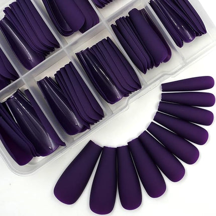 LoveOurHome 100pc Coffin Press on Nails Long Fake Nails Matte Full Cover False Nails Press ons Artificial Nail Medium Ballerina Fake Fingernail Violet Presson on Nail Tips for Women Kids Girls