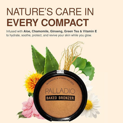Palladio Baked Bronzer, Highly Pigmented and Easy to Blend, Shimmery Bronzed Glow, Use Dry or Wet, Lasts all day long, Provides Rich Tanning Color Finish, Powder Compact, Caribbean Tan