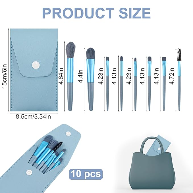 10 Sets Travel Size Makeup Brushes Set Mini Face Make up Brushes Brushes Bag for Makeup Party Favors Wedding Bridal Shower Favors Bridesmaid Gift Bachelorette Party Gift (Light Blue, 10pc)