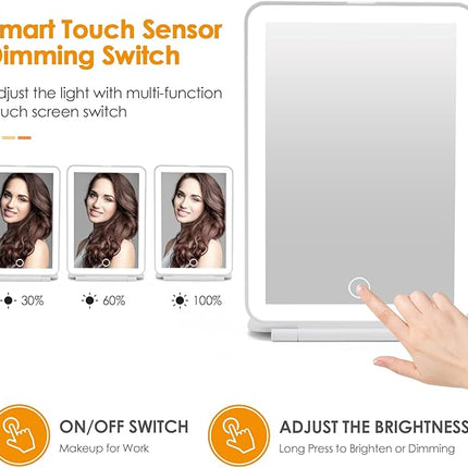 Rechargeable Travel Makeup Mirror 72 LED Lighted Compact Slim Vanity with Lights 3 Lighting Modes Dimmable Touch Screen (White),(DenCert)