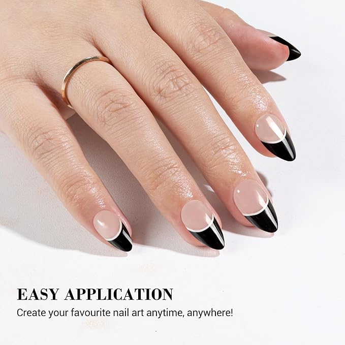 MelodySusie Semi Cured Gel Nail Strips (Micro Black French Tip), Works with Nail Lamp, Salon Quality, Long Lasting, Easy to Apply and Remove, Includes 20Pcs, 2 Prep Pads, Nail File and Wooden Stick
