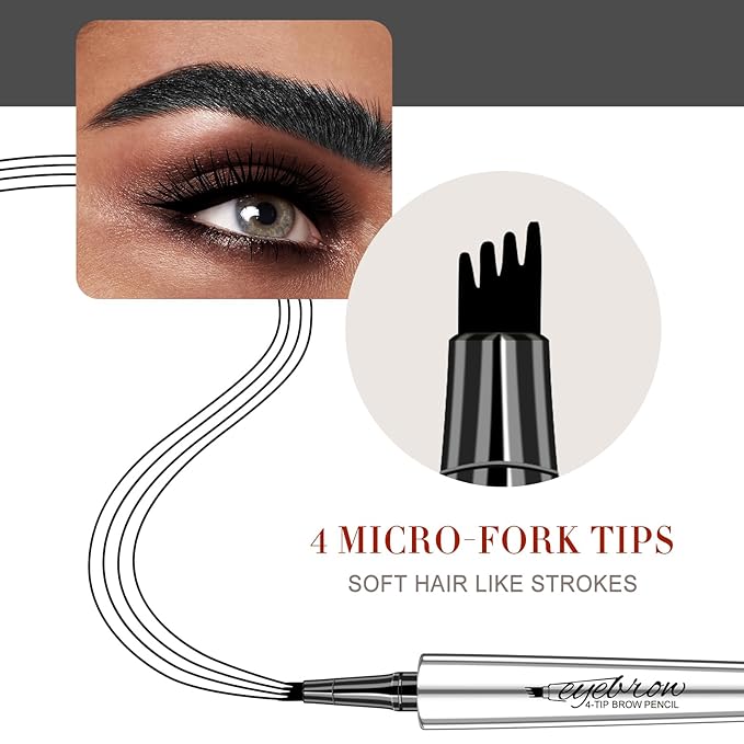 Microblade Eyebrow Pen, Waterproof Eyebrow Pencil Black Brow 4 Fork Tip Pencil, Liquid Thin Eyebrow Pen Long Lasting that Looks Like Hair, Black
