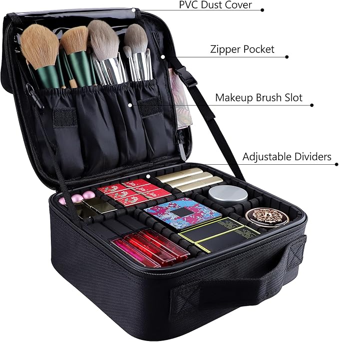 Travel Makeup Bag 10.4" Makeup Train Case Portable Artist Make Up Organizer Case with Adjustable Dividers Oxford Cloth Storage Case for Cosmetics Makeup Brushe (Black)