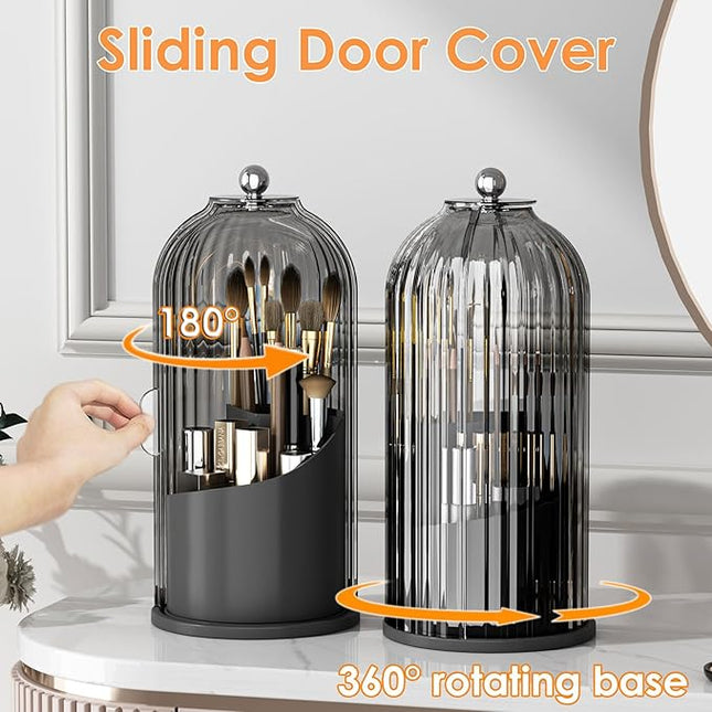 Makeup Brush Holder with Lid 360 Rotating Clear Dustproof Make Up Organizers for Vanity Bathroom Countertop, Black