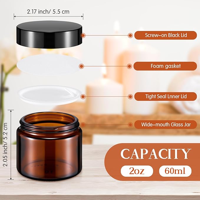 Domensi 48 Pcs 2 oz Glass Jars with Lids Travel Size Round Leakproof Empty Cosmetic Jars with Inner Liners Lid for Storing Makeup Lotions Face Cream Ointments Candle DIY Making (Amber)