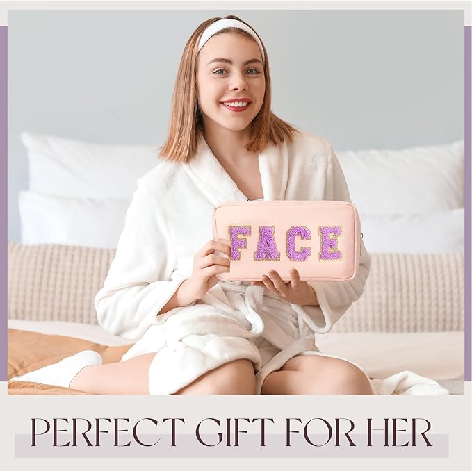 Cunno 4 Pcs Preppy Makeup Bags Chenille Letter Stuff Bag Nylon Cosmetic Pouch Cases with Zipper for Women Travel Toiletry