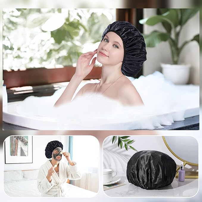 YIZIJIZI Terry Lined Shower Cap,Triple Layer Large Cap for Women,Shower Cap Reusable Waterproof,Long Thick Hair(Black)