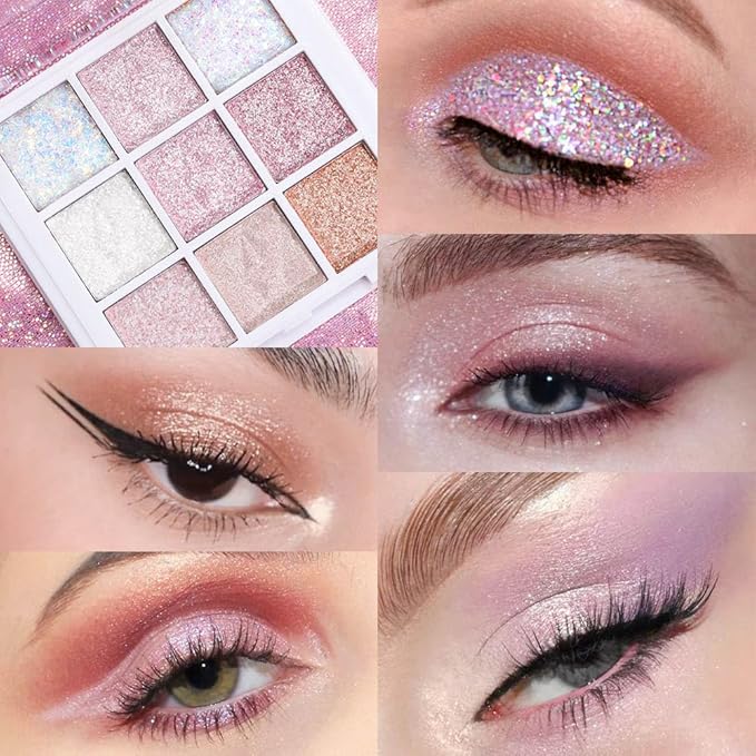 Eye Shadow Palette Makeup,Pink White Purple Glitter Shimmer Sparkle Warm Pastel 9 Colors Eye Shadow Palette,Nude White Cream Eyeshadow Palette Colorful Long Lasting Waterproof Naturing-Looking