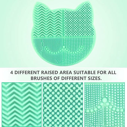 New Grass Green Silicon Makeup Brush Cleaner Mat with Portable Cat Shaped Cosmetic Brush Cleaning Pad Holder and Drying Holder