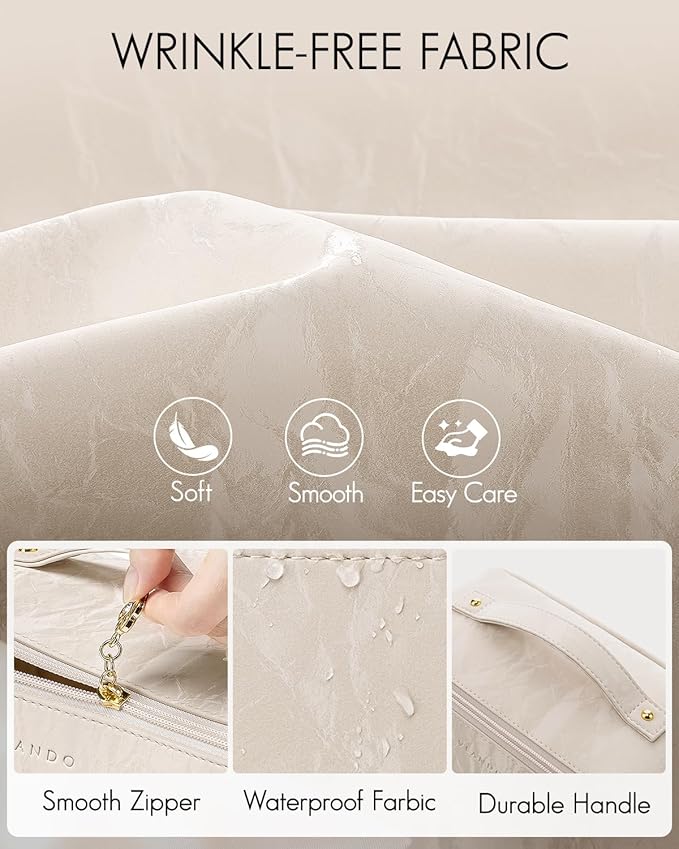 Vlando Makeup Bag,Large Capacity Toiletry Bag for Women Waterproof Portable Make up Pouch PU Leather Open Flat Cosmetic Bag(Cream White)