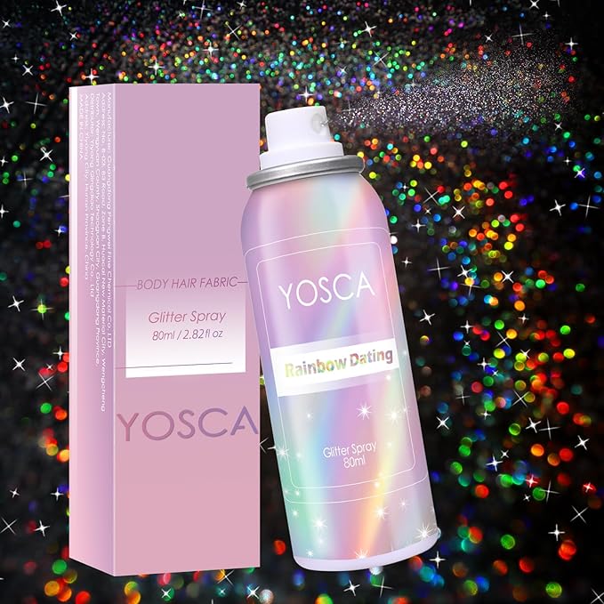 Yosca Body Glitter Spray, 80ML Holographic Silver Glitter Hairspray, Quick-Drying and Long-Lasting Shiny Glitter Spray for Body Hair Sparkling Makeup Festival Concert Party Clothes Rave Accessories
